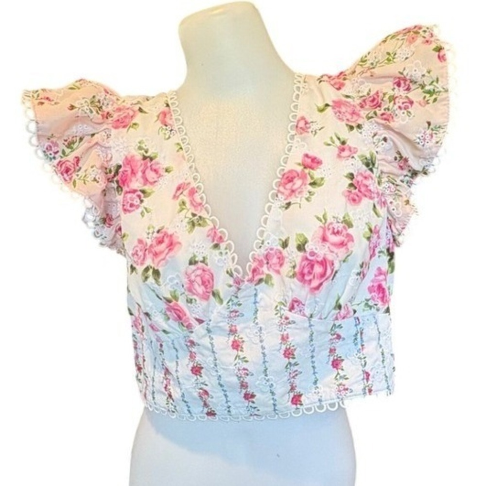 Coquette Regencycore Tiered Ruffle Sleeve Floral Crop Top Scalloped Eyelet Lace